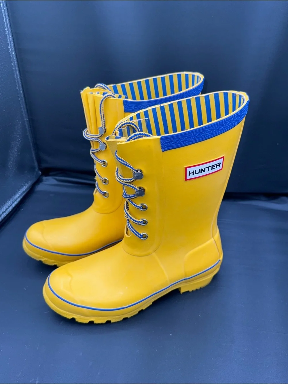 Hunter Kids Festival Lace Up Rain Boots Yellow Blue Stripe Size 4 Waterproof
